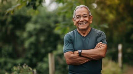 Obraz premium An older Indian man enjoys exercising outside, embodying happiness and determination