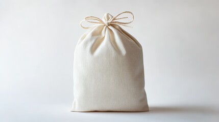 Minimalistic white fabric drawstring pouch on a clean background.