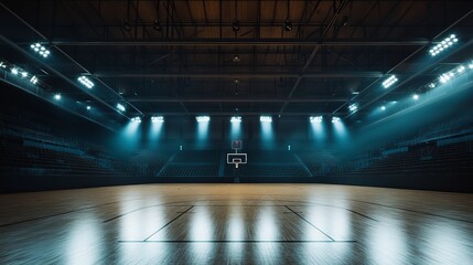 An empty basketball arena, stadium or sports ground illuminated by dazzling lights and seats for fans