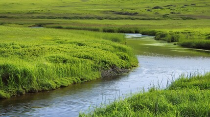 Beautiful Grassland River and Green Grassland Background: A Serene Natural Scene. Admire the Peace and Beauty