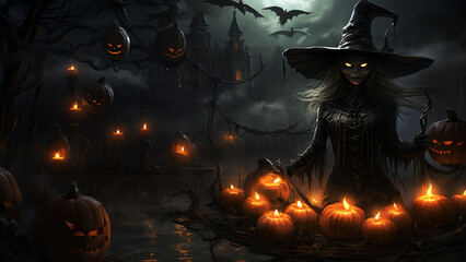 Adorable Halloween scene: witch with glowing jack-o'-lanterns