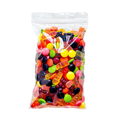 Colorful candy mix in a transparent bag, white isolated background