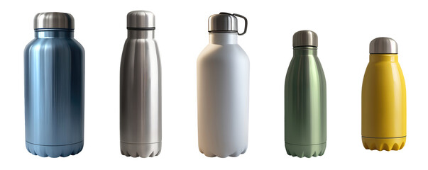 Set of modern stainless steel insulated flask water bottles isolated on transparent background. Generative AI