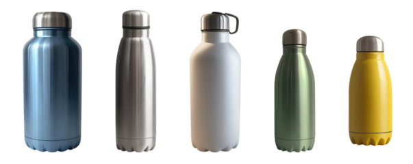 Set of modern stainless steel insulated flask water bottles isolated on transparent background. Generative AI