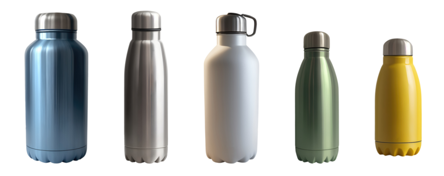 Set of modern stainless steel insulated flask water bottles isolated on transparent background. Generative AI