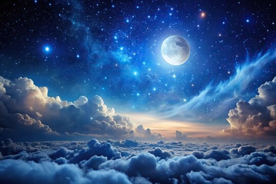 High angle panoramic view of night sky with clouds and stars illuminated by moonlight
