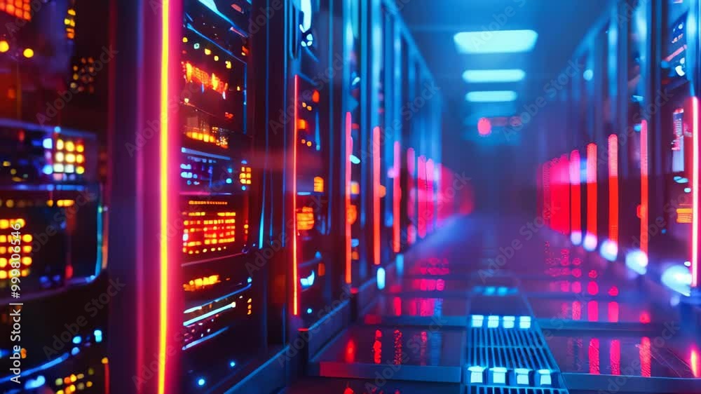 Poster data center with a row of computer servers. abstract generic concept of cyberspace, communication an
