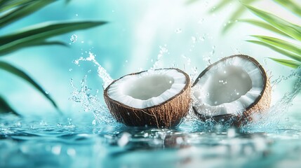 Coconut split in half with fresh white insides, water splashing around it, surrounded by bright tropical leaves against a light blue background, creating a vibrant and fresh advertising poster feel.