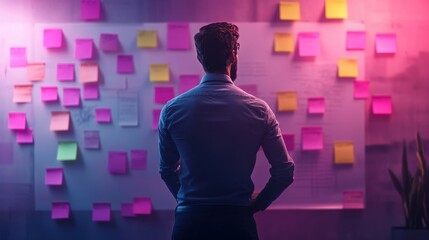 Man Looking At Sticky Notes On Wall - Business Planning & Brainstorming