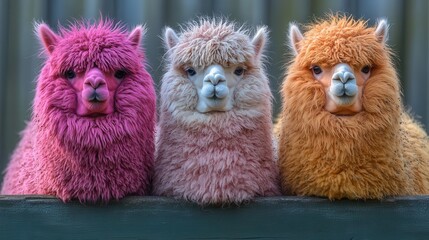 three vibrant colorful alpacas standing together in a lush green pasture showcasing their fluffy coats and playful expressions against a bright blue sky evoking joy and liveliness