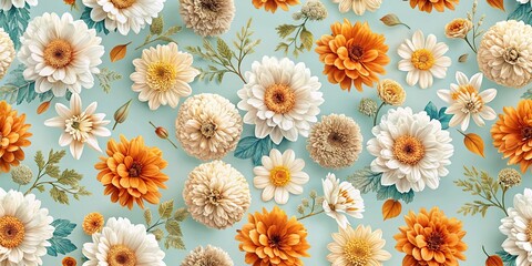 High angle seamless pattern of autumn flowers on pale blue background