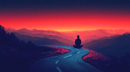 Obraz premium Silhouette of a Person on a Winding Mountain Road at Sunset