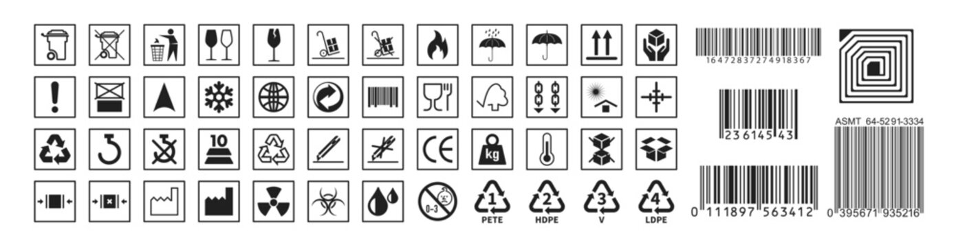 A set of packaging and warning symbols on cardboard background. Fragile package icons set, handle with care logistics and delivery shipping labels, fragile box