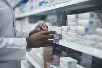 A pharmacist checks and replenishes medicine on shelves in a pharmacy store