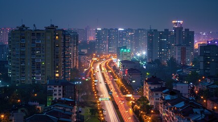 Obraz premium Stunning Urban Architecture Night View and Urban Landscape: A Visual Feast of City Lights. Admire the Modernity and Elegance.