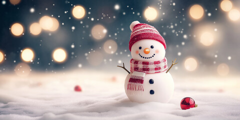 Adorable snowman with a red hat and scarf standing in a snowy landscape with festive lights, perfect for Christmas holiday celebrations and winter joy