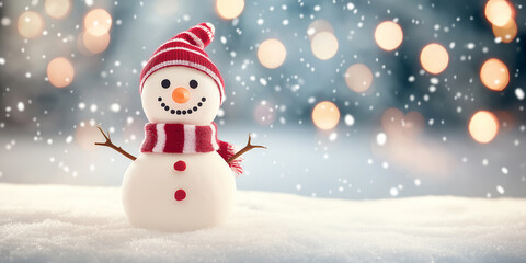 Adorable snowman with a red hat and scarf standing in a snowy landscape with festive lights, perfect for Christmas holiday celebrations and winter joy