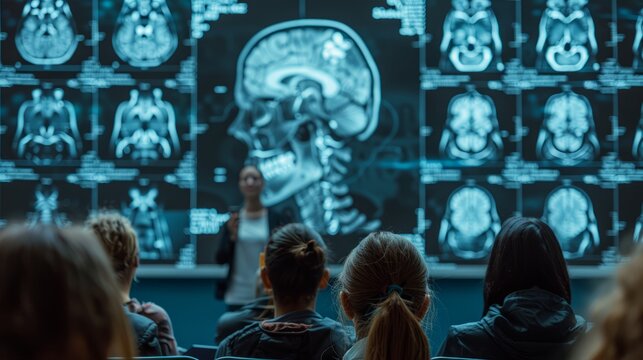 Radiographs and anatomical diagrams light up the screen at a medical conference, serving as the backdrop for profound dialogues on human skeletal anatomy. - Powered by Adobe