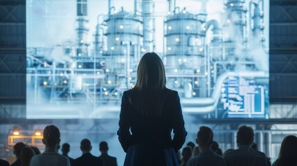 A woman stands in front of a large screen, presenting an industrial project to a large audience