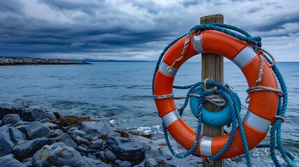 Naklejka premium An orange lifebuoy with blue rope is mounted on a post near a rocky shoreline overlooking a calm sea under a cloudy sky