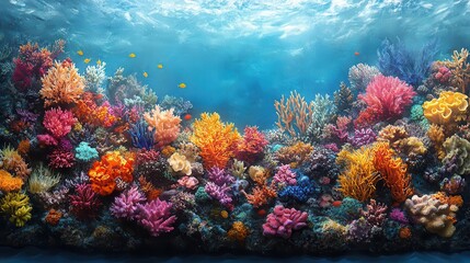 underwater landscape featuring colorful clay coral reefs teeming with marine life the serene blue hues create a tranquil backdrop highlighting the beauty and fragility of ocean ecosystems