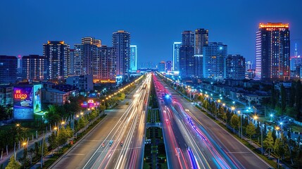 Obraz premium Stunning Urban Architecture Night View and Urban Landscape: A Visual Feast of City Lights. Admire the Modernity and Elegance.