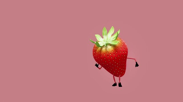 A 3D animated strawberry character dancing energetically. The scene showcases playful and lively movements, blending the charm of a colorful fruit with fun and vibrant digital animation.