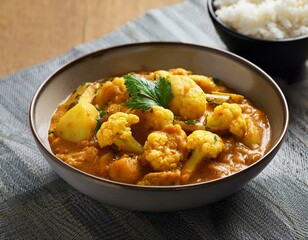 Mixed indian vegetable curry, plant based bowl. Cauliflower and potato, peas along with rice