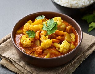 Mixed indian vegetable curry, plant based bowl. Cauliflower and potato, peas along with rice