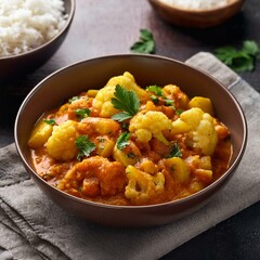 Mixed indian vegetable curry, plant based bowl. Cauliflower and potato, peas along with rice