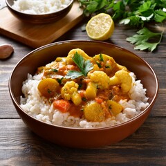 Mixed indian vegetable curry, plant based bowl. Cauliflower and potato, peas along with rice
