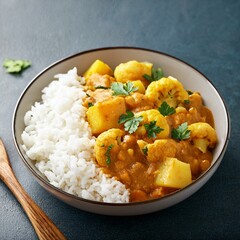 Mixed indian vegetable curry, plant based bowl. Cauliflower and potato, peas along with rice