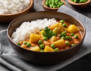 Mixed indian vegetable curry, plant based bowl. Cauliflower and potato, peas along with rice