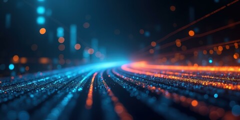 Abstract Technology Background: Blue and Orange Digital Stream, Futuristic Network, Data Flow