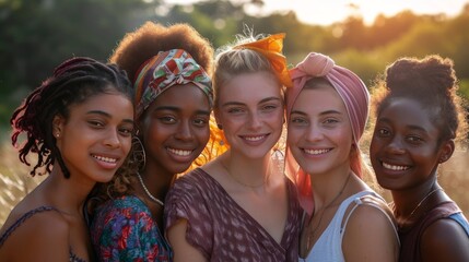 Young women from various ethnic backgrounds, smiling warmly and standing together