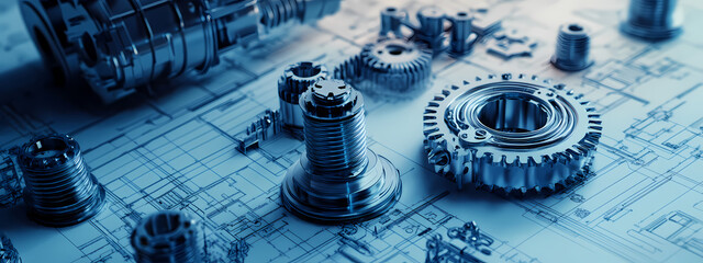 Fototapeta premium Intricate Mechanical Components on Engineering Blueprint