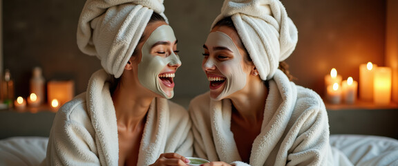 Spa Day, Wellness, Self-Care: Two Friends Enjoying Relaxing Facial Masks