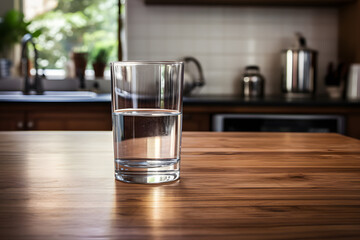 a transparent clean glass, half full of fresh clear, drinkable still water, sits on a smooth, polished wooden table in a modern kitchen