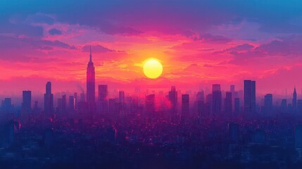 vector illustration of a sunset over a city skyline capturing the beauty of urban life as the sun dips below the horizon in soft pastel colors