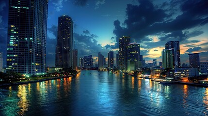 Obraz premium Stunning Urban Architecture Night View and Urban Landscape: A Visual Feast of City Lights. Admire the Modernity and Elegance.