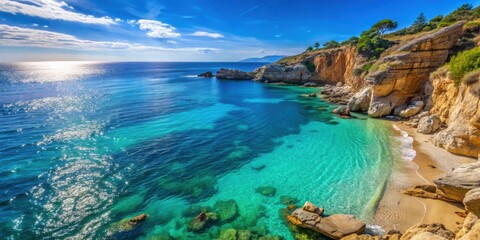 Obraz premium Rocky cliffside beach overlooking beautiful blue water, rocky, cliffside, beach, blue water, ocean, waves, serene