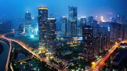 Fototapeta premium Stunning Urban Architecture Night View and Urban Landscape: A Visual Feast of City Lights. Admire the Modernity and Elegance.