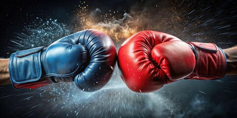 Two boxing gloves clashing in a test of strength and success, boxing gloves, clash, competition, rivalry, battle, sport