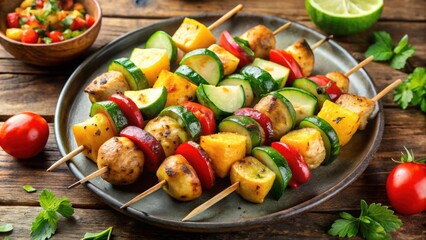 Grilled vegetable skewers with zucchini, peppers, and potatoes perfect for a summer BBQ, vegetarian, skewers