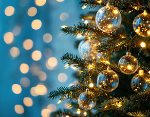 Christmas balls made of transparent glass with golden lights inside hanging on a Christmas tree. blue background with bokeh.