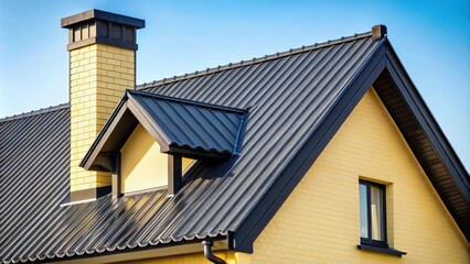 Close-up of a house with a black metal roof, chimney, and pale yellow walls , home, architecture, building, exterior