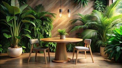 Fototapeta premium Cozy tropical-style room with wooden round table, green leaves, soft lighting, and natural decor , cozy