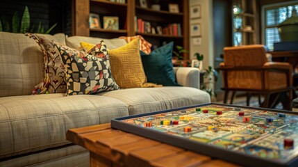 Cozy Living Room with Game Night Setup