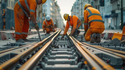 Workers constructing a railroad track, hard hat and vests worn