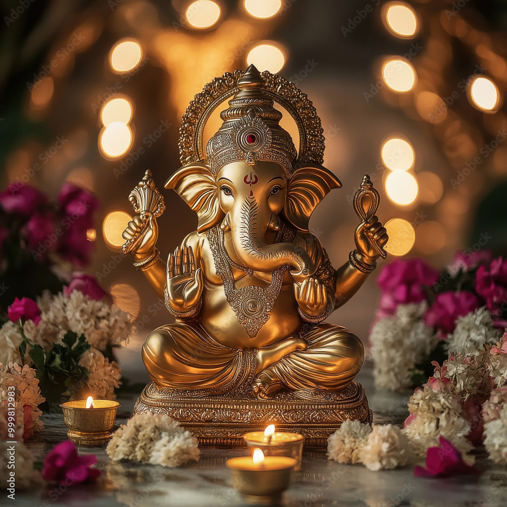 Canvas Prints lord ganesha statue with oil lamp